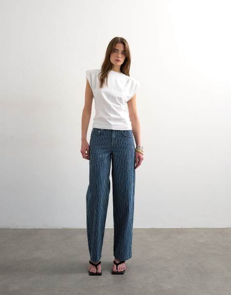 Topshop – Blå, randiga jeans med låg midja, avslappnad passform och indragen detalj - view 1