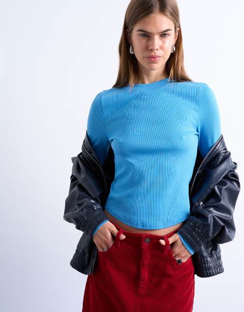 Topshop – Blå, ribbad topp med långa ärmar och rundad nederkant - view 1