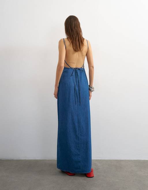 Topshop - Blå rynket maxikjole med åben ryg, 2 af 4
