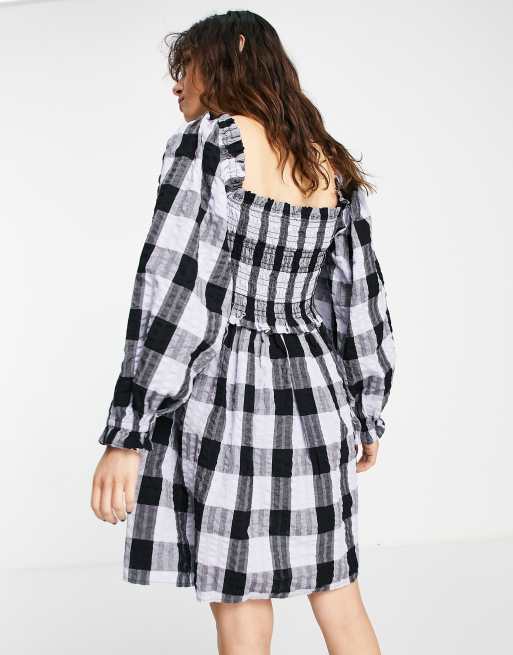 Topshop - Blå rynket ternet minikjole i bæk og bølge med pufærmer, 2 af 4