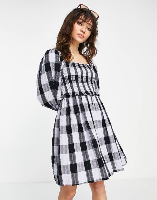 Topshop - Blå rynket ternet minikjole i bæk og bølge med pufærmer, 4 af 4