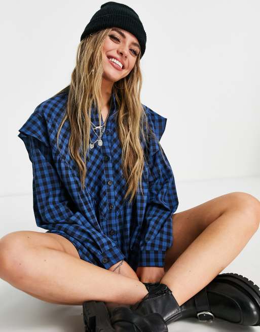 Topshop – Blå skjortklänning med rutmönster och textur