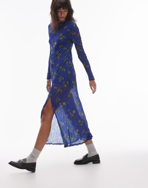 Topshop – Blå, småblommig, skir och krinklad maxiklänning med rund halsringning och slits - view 1