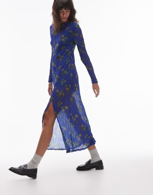 Topshop – Blå, småblommig, skir och krinklad maxiklänning med rund halsringning och slits