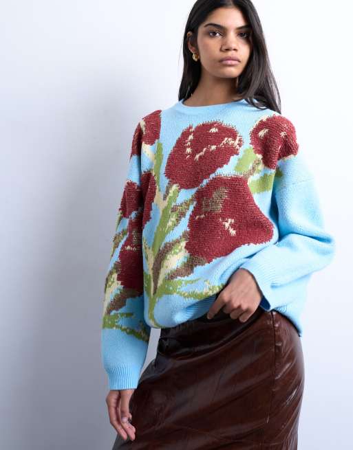 Topshop – Blå, stickad tröja med struktur och tulpanmönster, 3 av 4