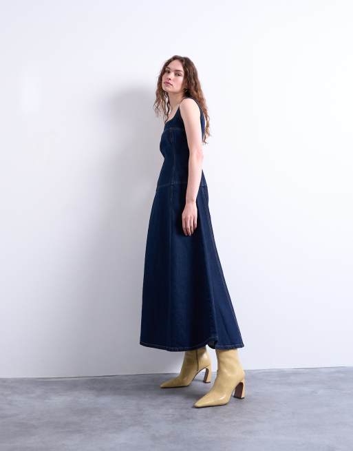 Topshop – Blå, strukturerad jeansklänning i midilängd med låg midja, 2 av 4