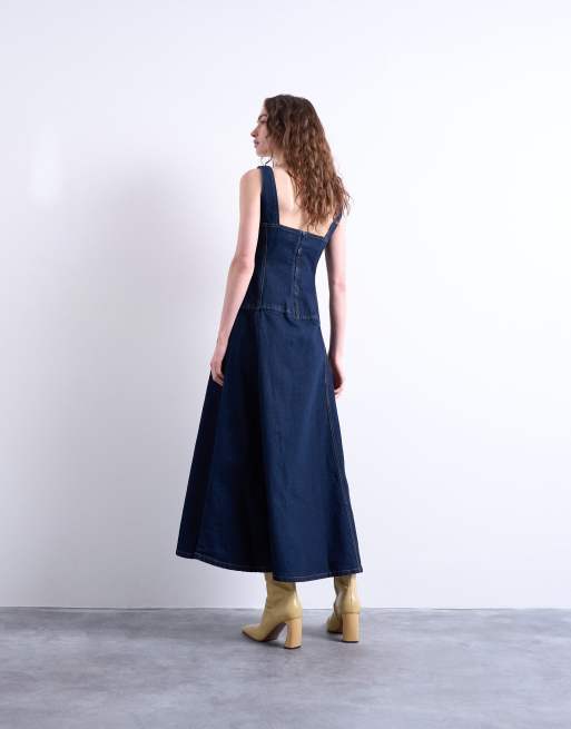 Topshop – Blå, strukturerad jeansklänning i midilängd med låg midja, 4 av 4