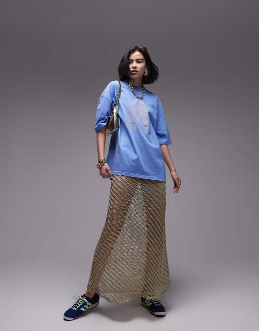 Topshop –  Blå T-shirt i oversize med atletiskt tryck 
