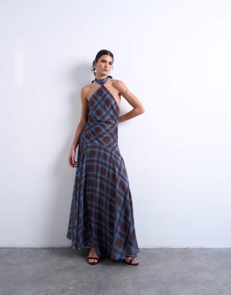 Topshop - Blå ternet chiffon-maxikjole i chiffon med voluminøse kanter og sænket talje - view 1