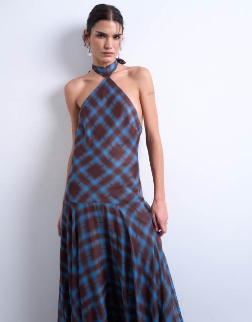 Topshop - Blå ternet chiffon-maxikjole i chiffon med voluminøse kanter og sænket talje, 2 af 4