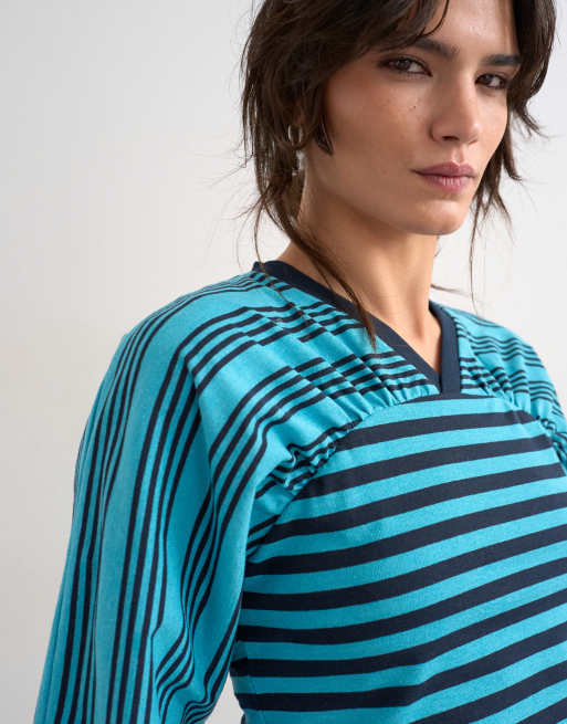Topshop - Blå top med lange ærmer, samling på livstykket og striber, 3 af 4