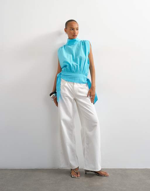 Topshop - Blå top med ståkrave og indsyet talje samt bindedetalje, 2 af 4