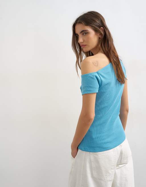 Topshop – Blå topp med bardotringning och knäppning, 4 av 4