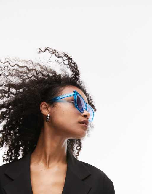 Topshop – Blå, vinklade, stora solglasögon i cat eye-modell
