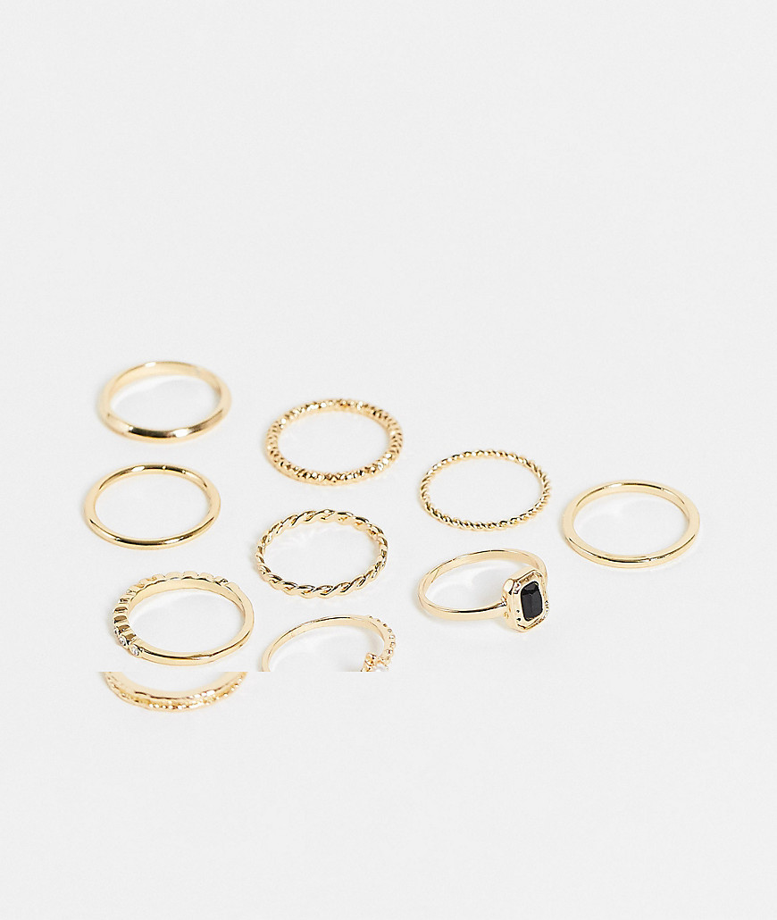 Topshop black stone and pearl 9 x multipack rings in gold