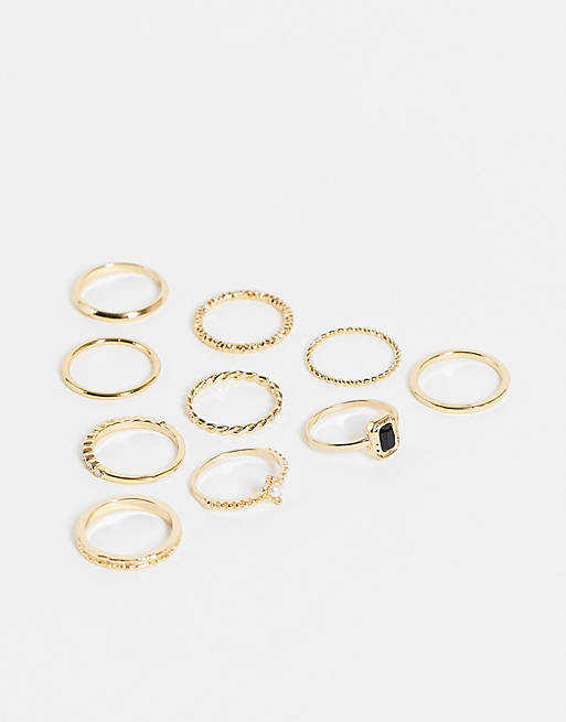 Topshop black stone and pearl 9 x multipack rings in gold
