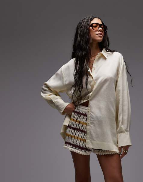 Topshop linen look shirt in pale buttermilk