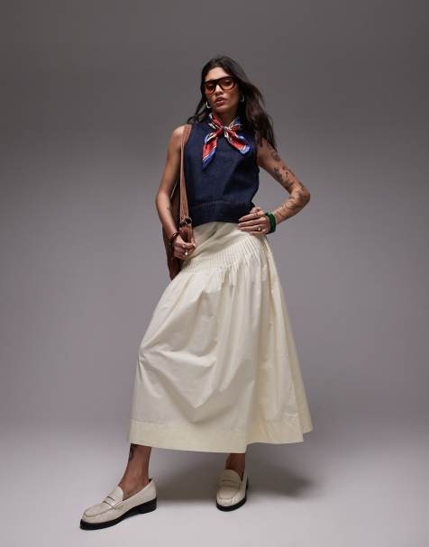 Topshop pintuck poplin full skirt in buttermilk