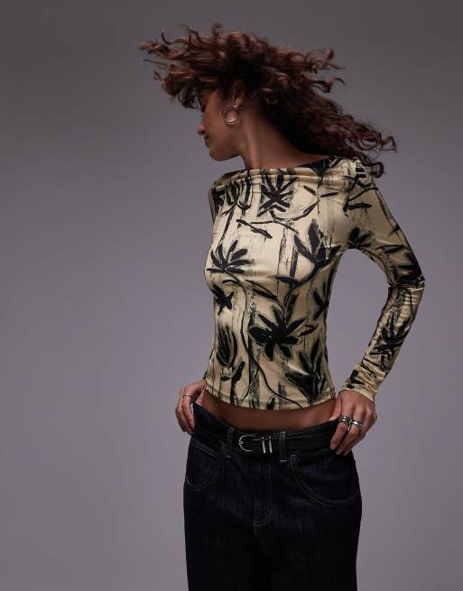 Topshop – Bladożółty top z mikrofibry z długimi rękawami w kwiatowy wzór