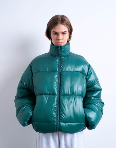 Topshop – Blågrön, halvlång, högglansig pufferjacka - view 1