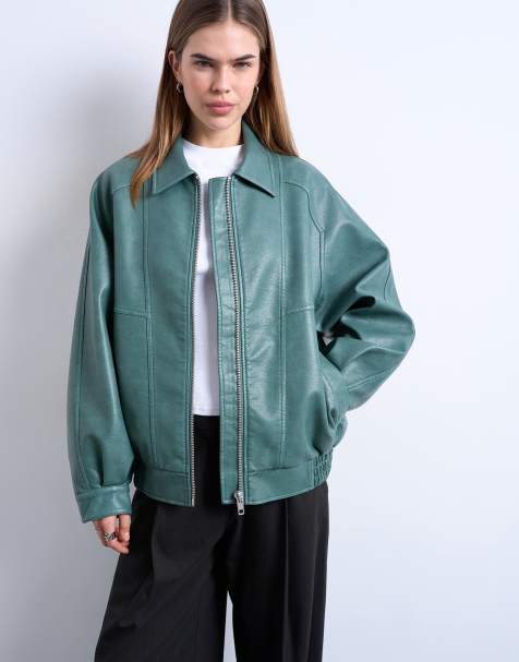 Topshop – Blågrön jacka med dekorativ söm och dragkedja i PU - view 1