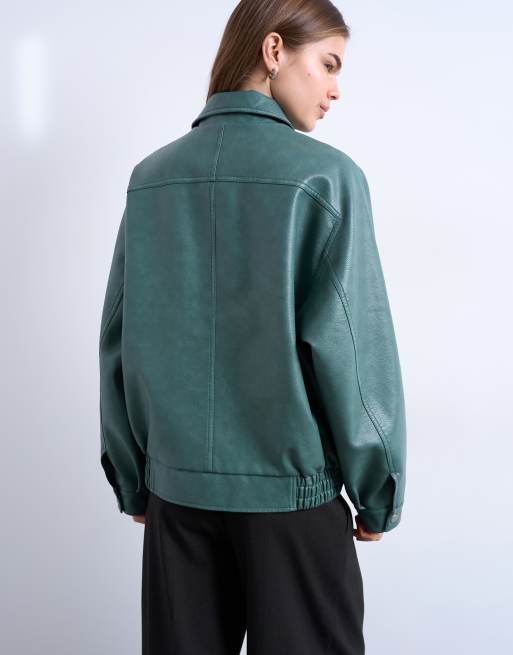 Topshop – Blågrön jacka med dekorativ söm och dragkedja i PU, 3 av 4
