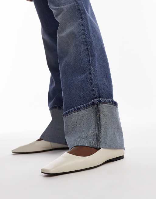 Topshop Blakely premium leather square toe ballet flats in off white