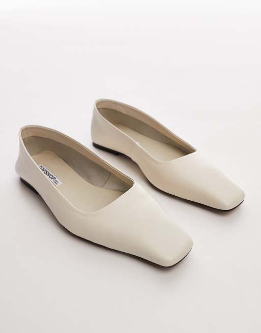 Topshop Blakely Premium Leather Square Toe Ballet Flats in Off White