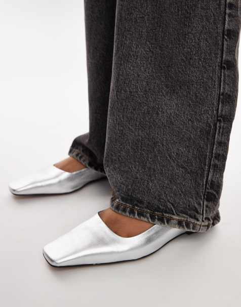 Topshop Blakely premium leather square toe ballet flats in silver - view 1