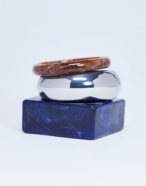 Topshop blanks 3 pack bangles in wood, silver & blue - view 1
