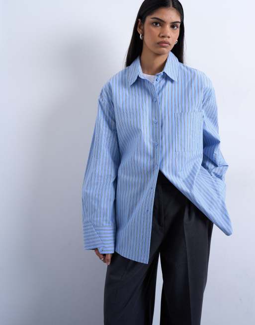Topshop – Blårandig skjorta i oversized fit med veckade ärmslut, 3 av 4