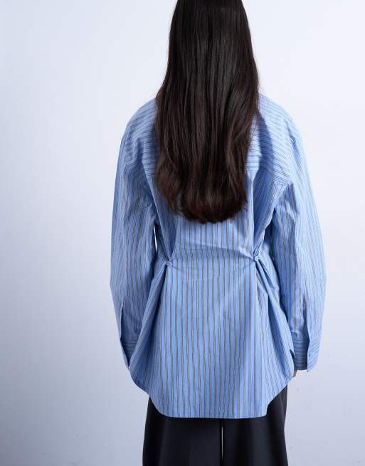 Topshop – Blårandig skjorta i oversized fit med veckade ärmslut, 4 av 4
