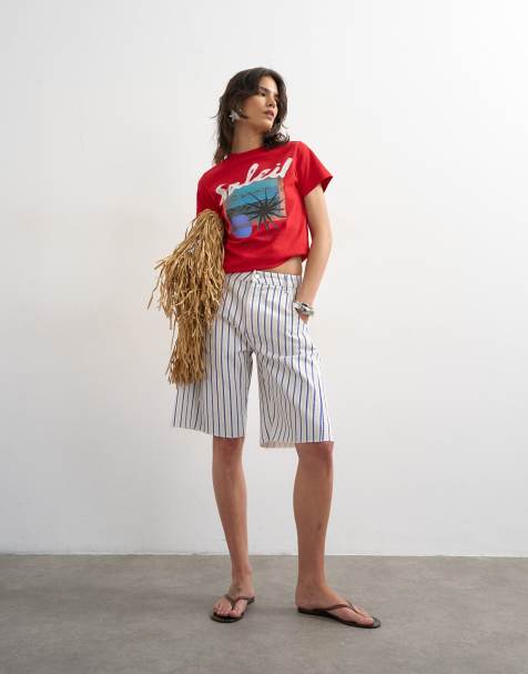 Topshop – Blårandiga jorts i denim med barrelben - view 1