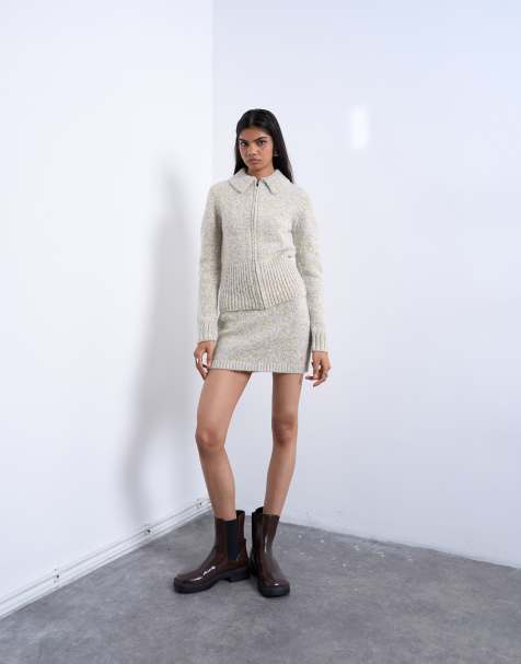 Topshop - Blåt og gult sæt i strik af kraftigt snoet garn bestående af cardigan og nederdel - view 1