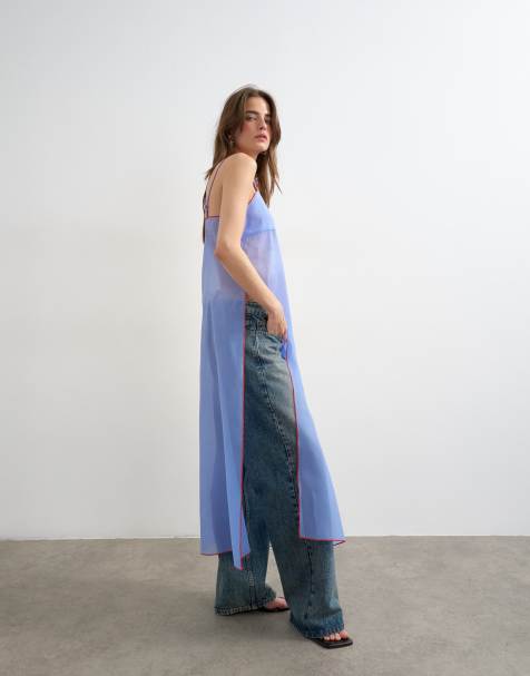 Topshop – Blått, långt linne i organza med kontrasterande orange kantrand - view 1