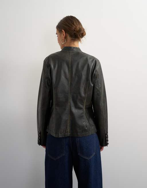 Topshop blazer abbottonato in pelle sintetica slavata nero, 3 di 4