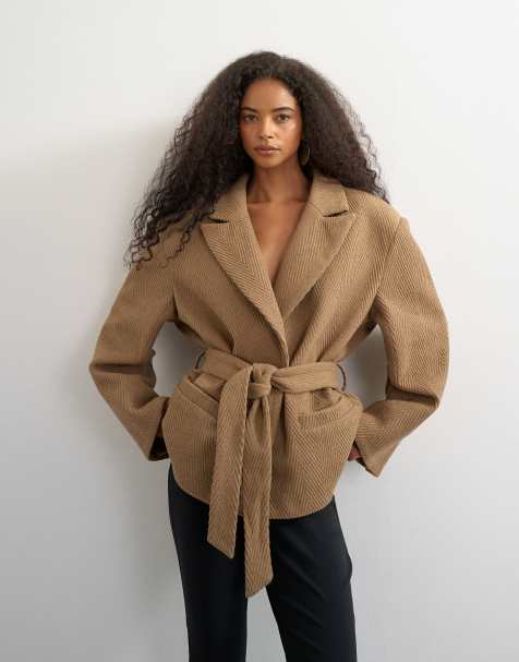 Topshop blazer cappotto con cintura in vita a chevron color tan - view 1