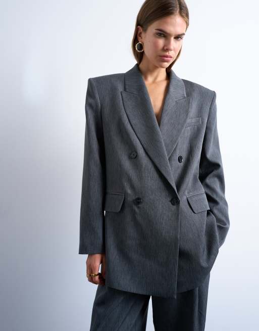 Topshop - Blazer da abito oversize doppiopetto in tessuto tonic grigio anni '80, 2 di 4