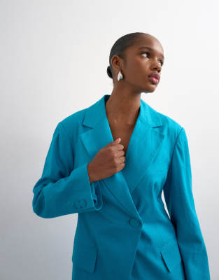 Blazer d'ensemble habillé en lin mélangé avec taille cintrée et épaules marquées - Turquoise-Bleu 42
