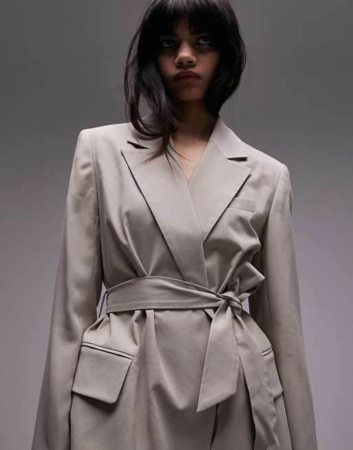 Topshop - Blazer d'ensemble long avec ceinture - Taupe
