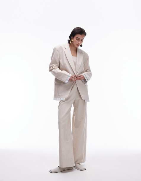 Topshop - Blazer d'ensemble oversize en lin avec doublure à rayures visible - Écru - view 1
