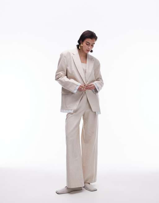 Topshop - Blazer d'ensemble oversize en lin avec doublure à rayures visible - Écru