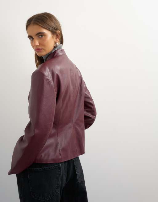 Topshop blazer i imiteret læder med frogging-lukning i fig, 4 af 4