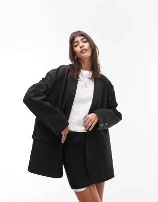 Topshop - Blazer in Schwarz mit extremem Grandad-Kragen, Kombiteil