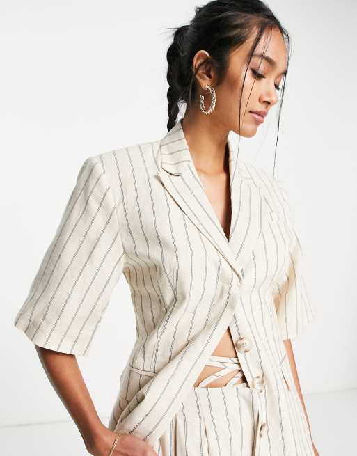 Topshop - Blazer long d'ensemble en lin mélangé à rayures - Beige, 4 de 4