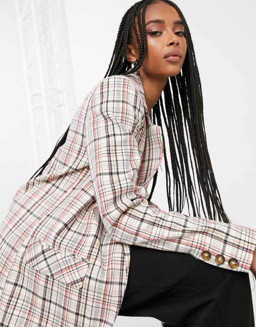 Topshop - Blazer lungo rosso a quadri