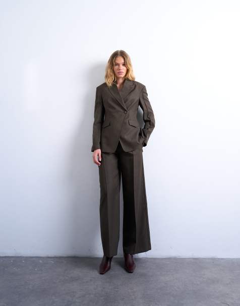 Topshop - Blazer met asymmetrische overslag en siernaden in bruin, deel van co-ord set - view 1