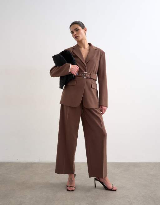 Topshop - Blazer met hoge knoopsluiting en riem in chocoladebruin, deel van co-ord set, 2 van 4