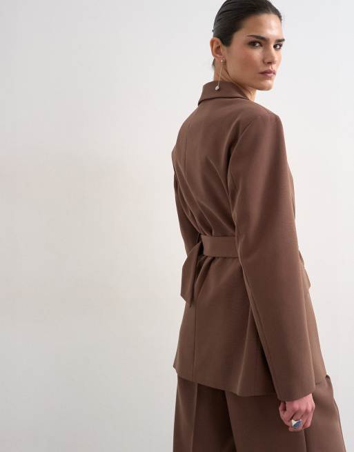 Topshop - Blazer met hoge knoopsluiting en riem in chocoladebruin, deel van co-ord set, 4 van 4