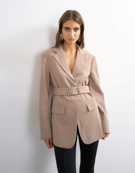 Topshop - Blazer met hoge sluiting en riem in beige - view 1